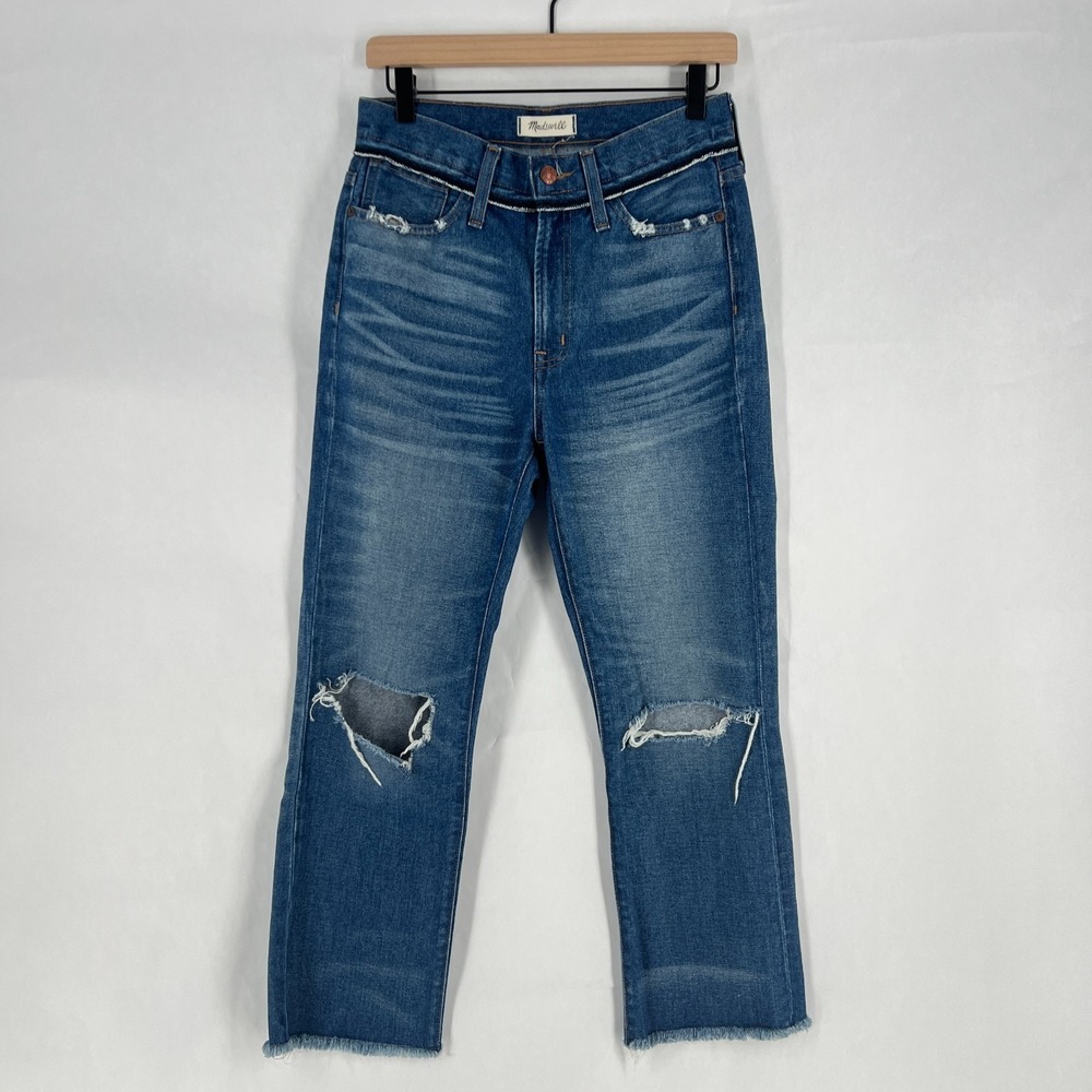 Madewell Retro Cropped Bootcut Jeans Womens 26 Blue Denim Distressed Raw Hem